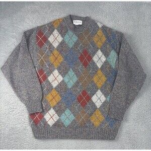 Kilkenny Mens Irish Ireland Gray Multi Argyle V Neck LambsWool Silk Sz L Vintage